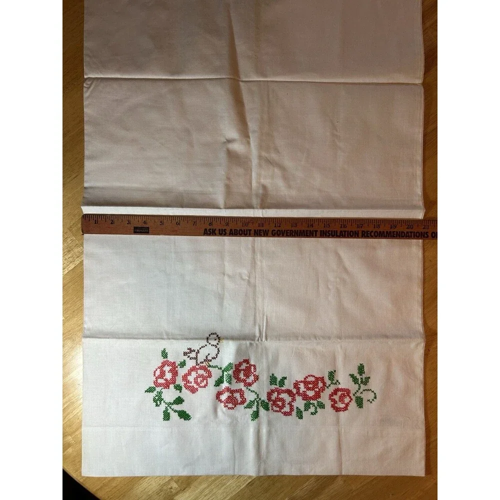 Vintage Cannon Muslin Pillowcases Pair Rose Bird Applique USA Cotton Set 2